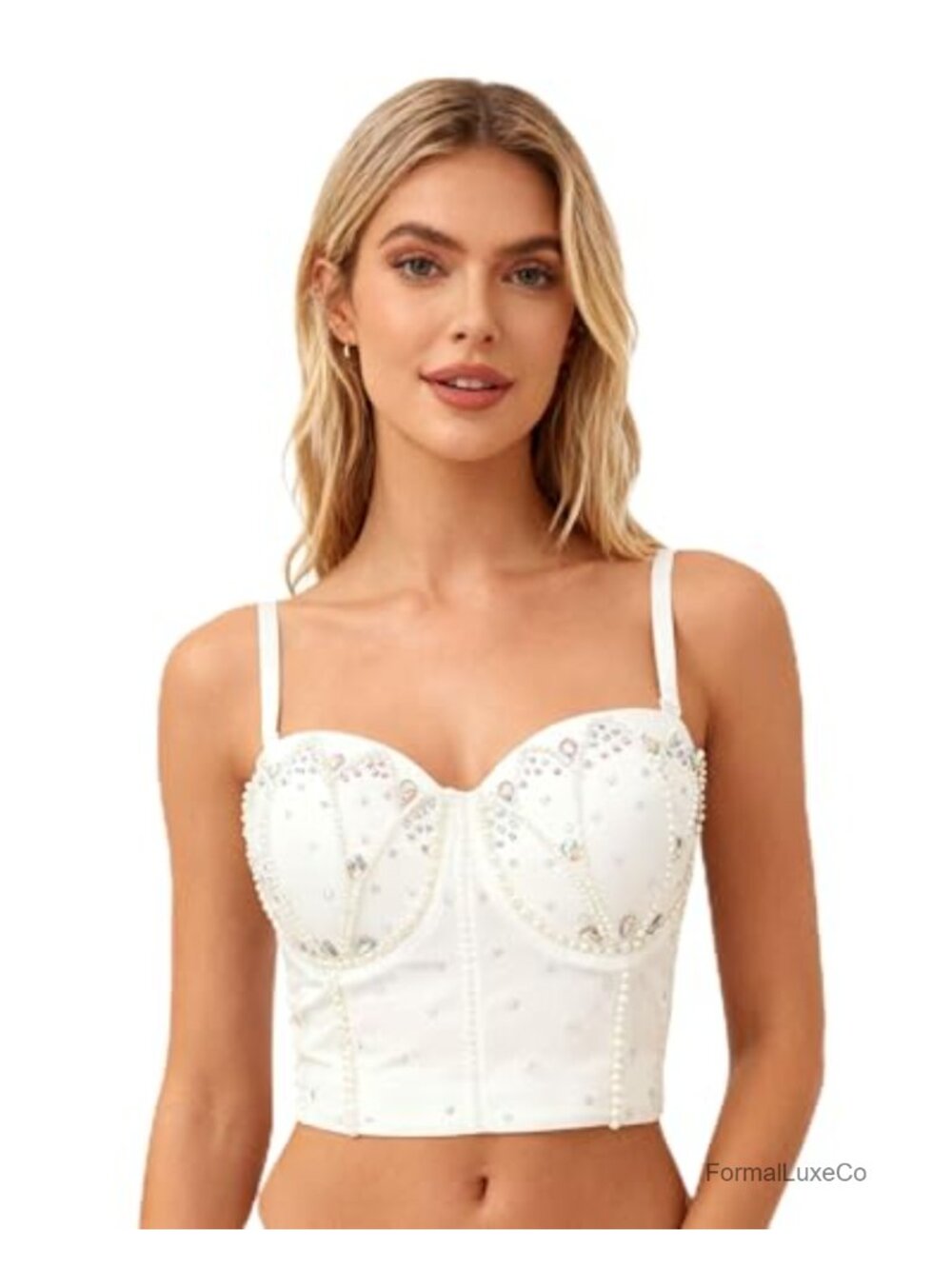 Beaded Corset Crop Top Pearl Bustier Clubwear Party Dance Stage Wear
